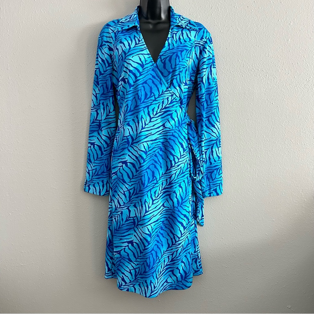 Express Blue Zebra Animal Print Collared Wrap Dress Size M 9/10 Vintage Y2K 90s